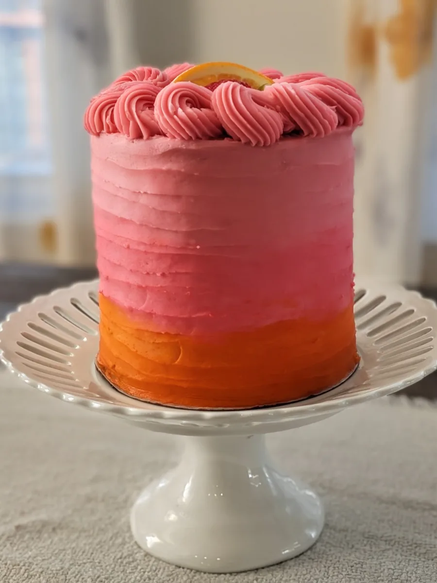 Pink and orange layer cake with piped frosting