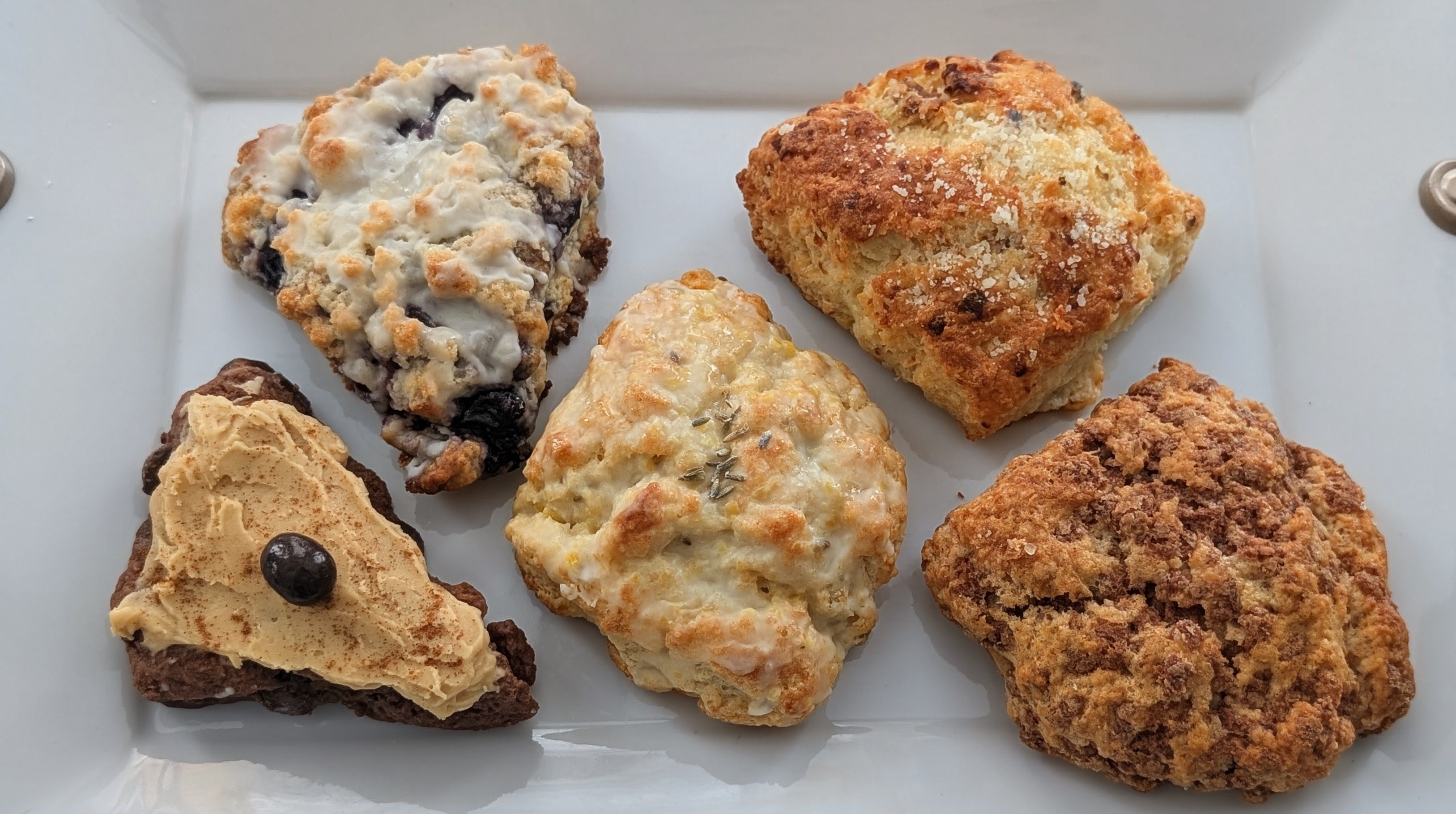 Muffins and scones arranged on a bakery tray